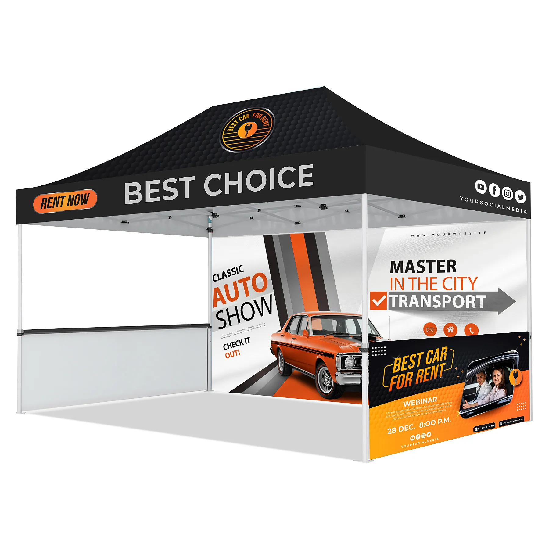 10'x15' Custom Printed Pop Up Tent Kit, Full Wall & 2 Half Walls